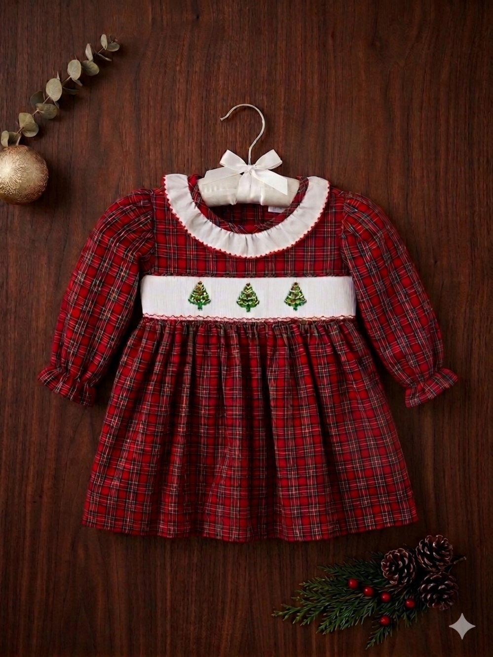 Edgehill Collection 12M Baby Girl Red Plaid Smocked Christmas Tree Holiday Dress